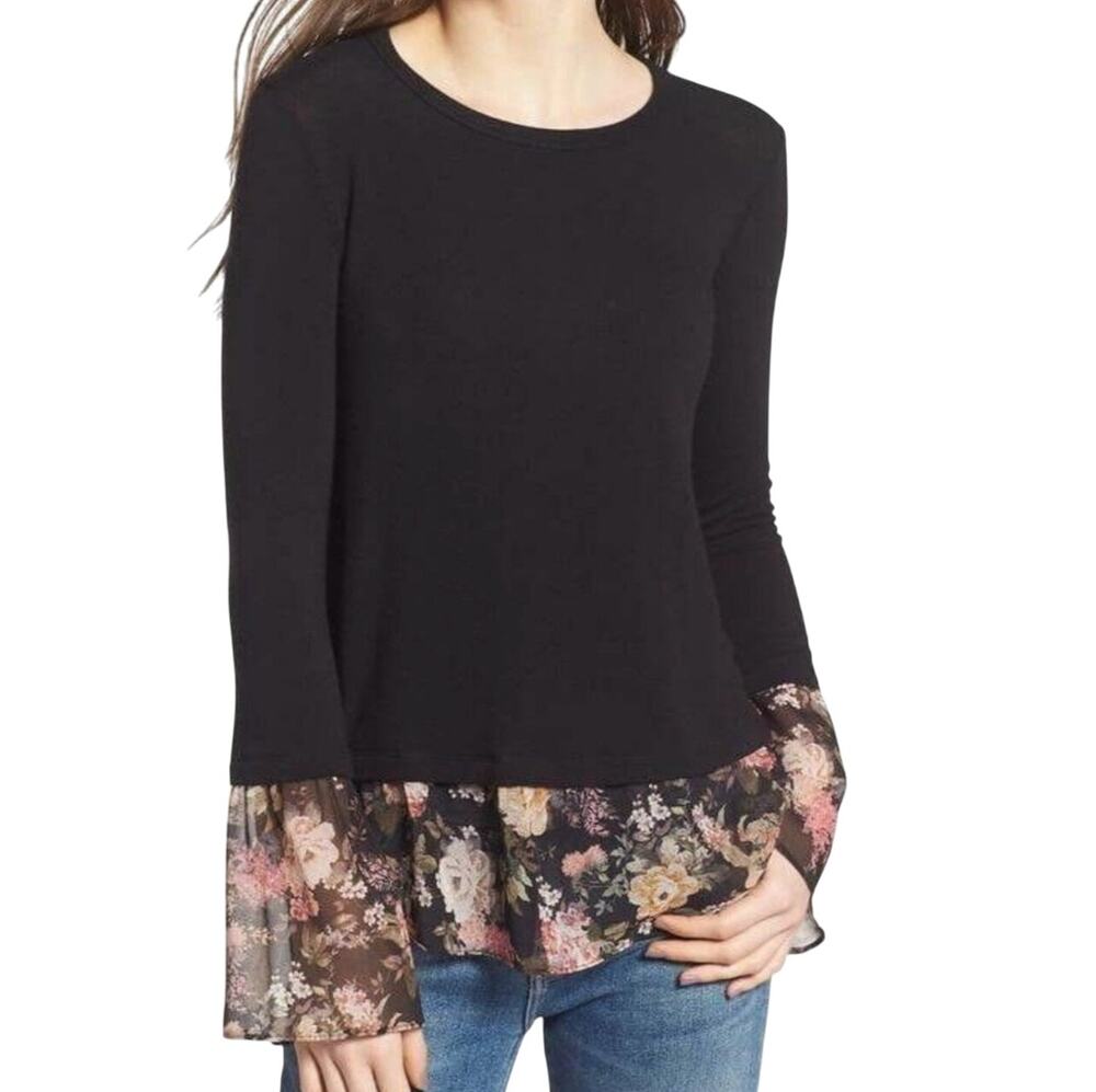 BAILEY 44 Love Story Black Knit Chiffon Trim Sweater Sz Small